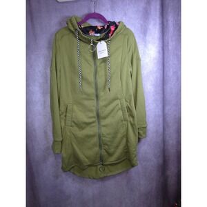 CELLABIE Olive Green Long Zip Up Hoodie Floral Lined Hood Pockets Women's Medium